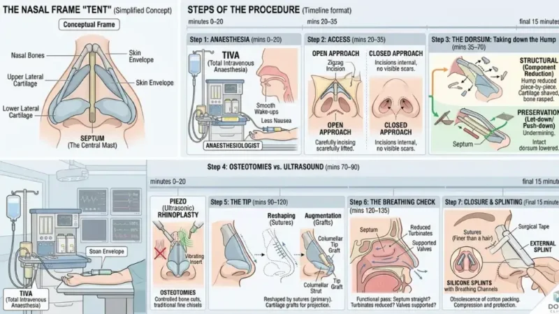 Rhinoplastie en Turquie 2026 : Guide au meilleur chirurgien, techniques et sûreté Medical infographic explaining rhinoplasty surgery step by step