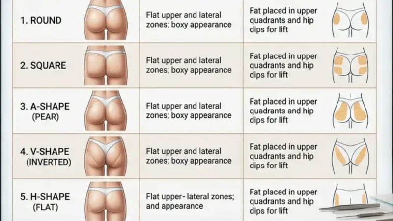 Infographic displaying all 5 buttons shapes and how to lift them with skinny BBL surgery