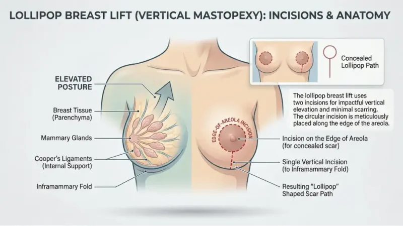 Lifting del seno lollipop: mastopessi verticale per un ringiovanimento naturale Medical illustration of lollipop breast lift incisions and scars, showing the inner breast anatomy over a cartoon female torso.