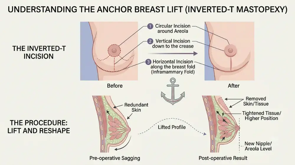 Anker-Bruststraffung: Die Inverted-T-Mastopexie bei starker Erschlaffung Medical illustration of the inverted-t incision for an anchor breast lift