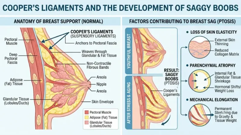 Medical illustration of breast anatomy and cooper's ligaments