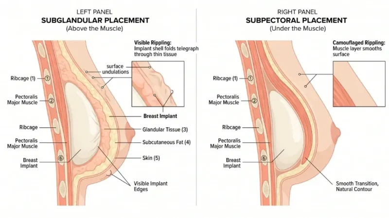 Breast Implant Rippling: Why It Happens, How to Avoid it & How to Fix It A side-by-side medical anatomical illustration comparing the visual effects of two breast implant placements on skin rippling.
