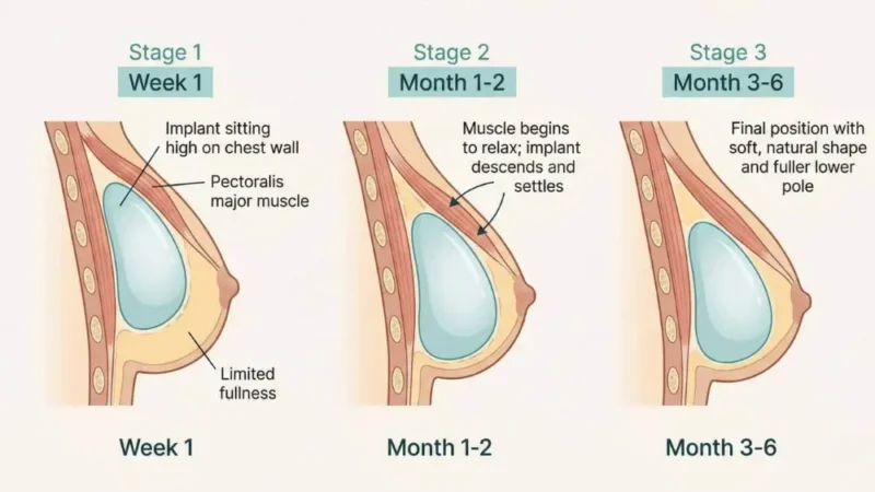 Drop and Fluff in Breast Augmentation: The Week-by-Week Evolution Medical illustration showing the evolution of drop and fluff week by week before and after in 3 stages